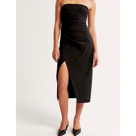 Abercrombie & Fitch Black Strapless Crepe Midi Dress with Slit NWT Sz Small Peti - Picture 1 of 6